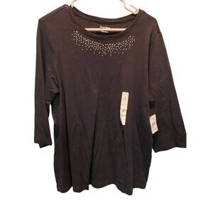 Studio Works Womens Plus Size 1X Black 3/4 Sleeve Top With Embellished Neckline